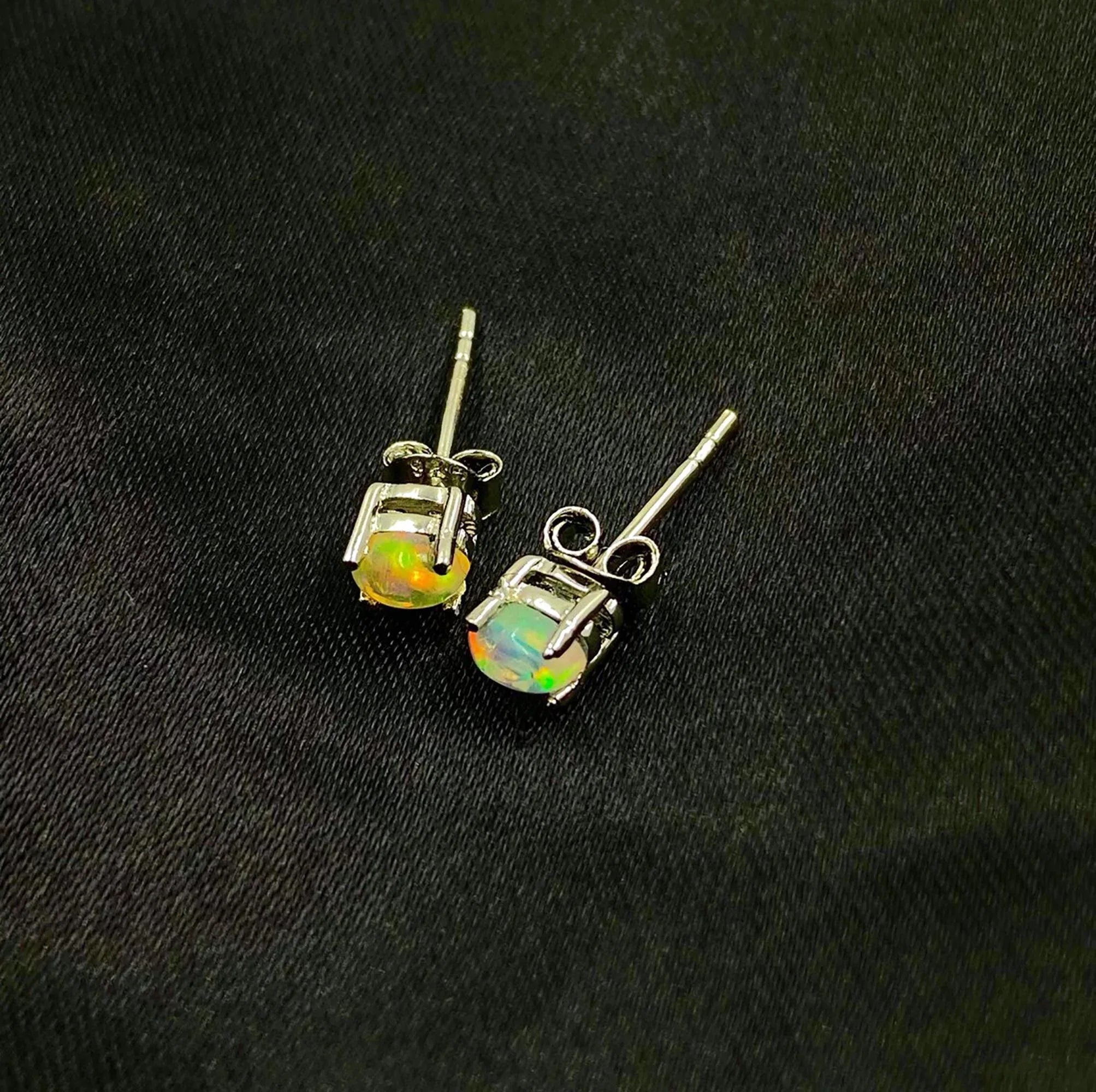 Ethiopian Opal Stud Earrings: 925 Sterling Silver, Rainbow Gemstone