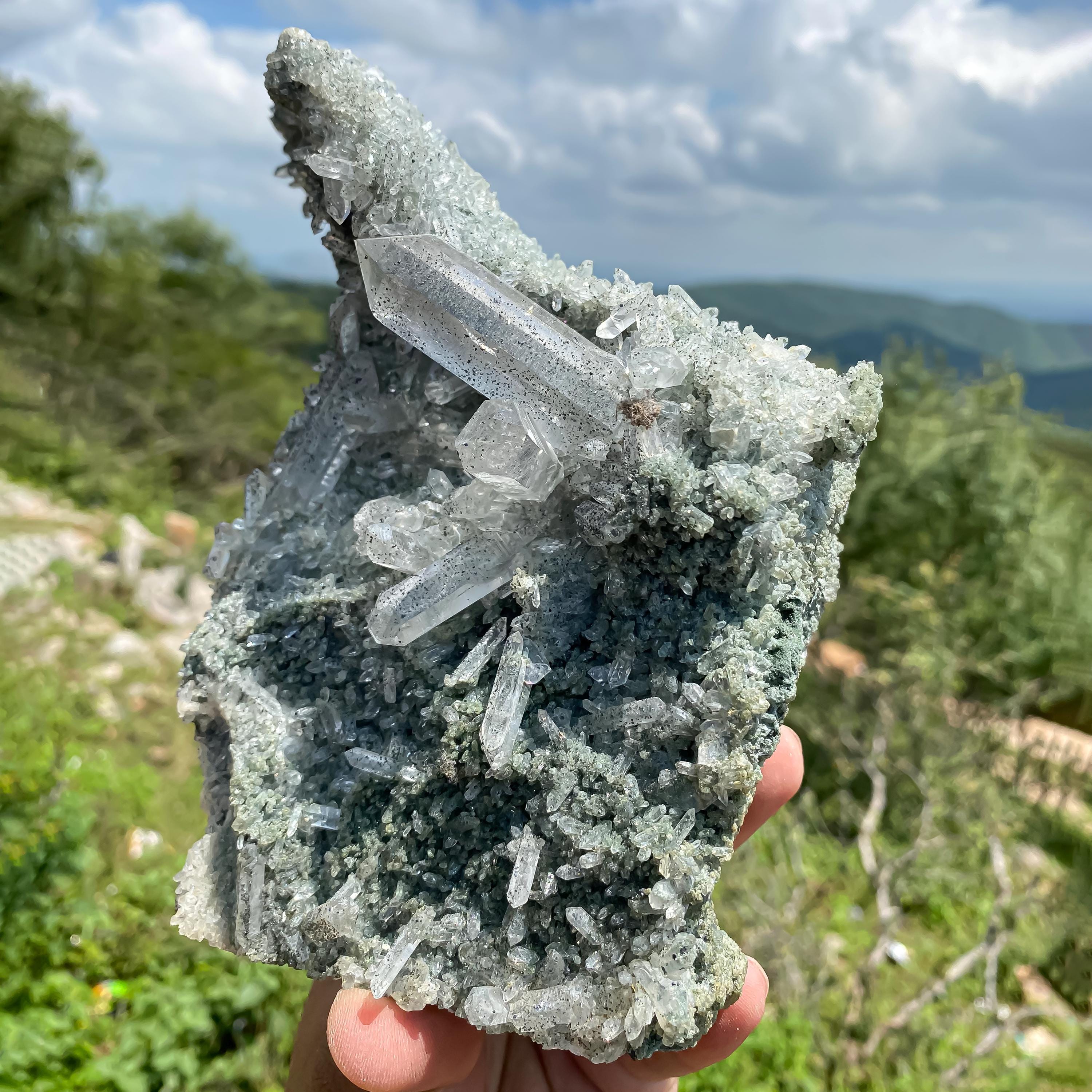 Himalayan Green Chlorite Quartz Cluster with Black Anatase: Healing Crystal Clear Pointed Rough 1635gm