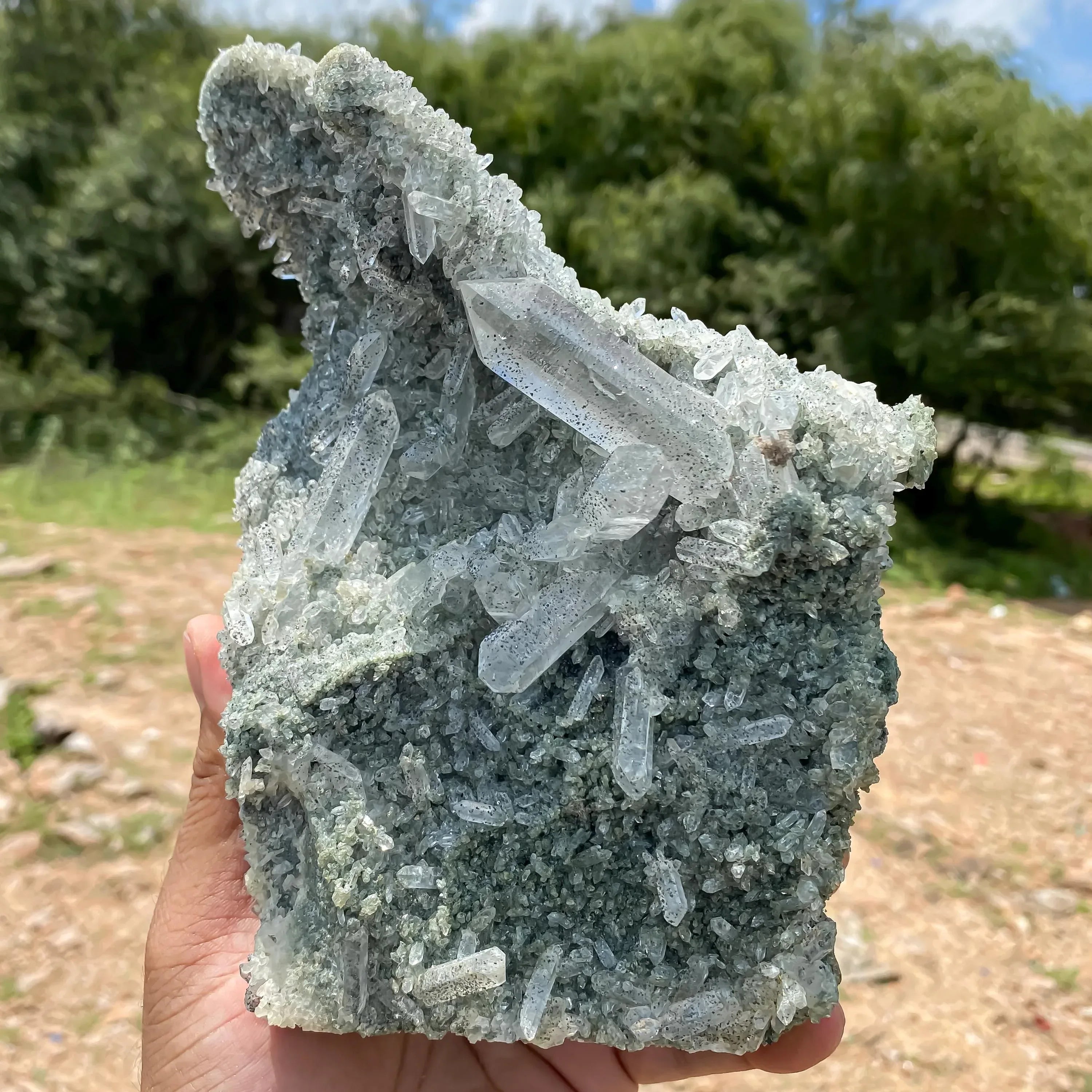 Himalayan Green Chlorite Quartz Cluster with Black Anatase: Healing Crystal Clear Pointed Rough 1635gm Himalayan Quartz