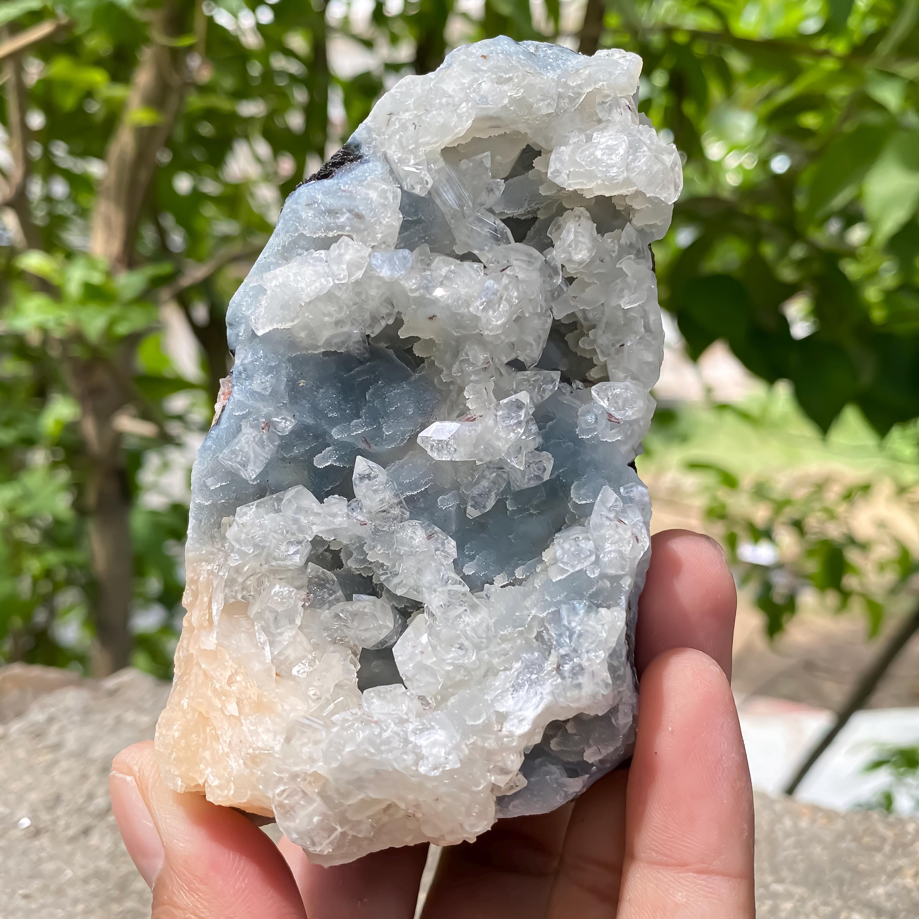 Natural Apophyllite Crystal with Chalcedony Stilbite Cluster: Spiritual Home Decor, Meditation Stone 360gm