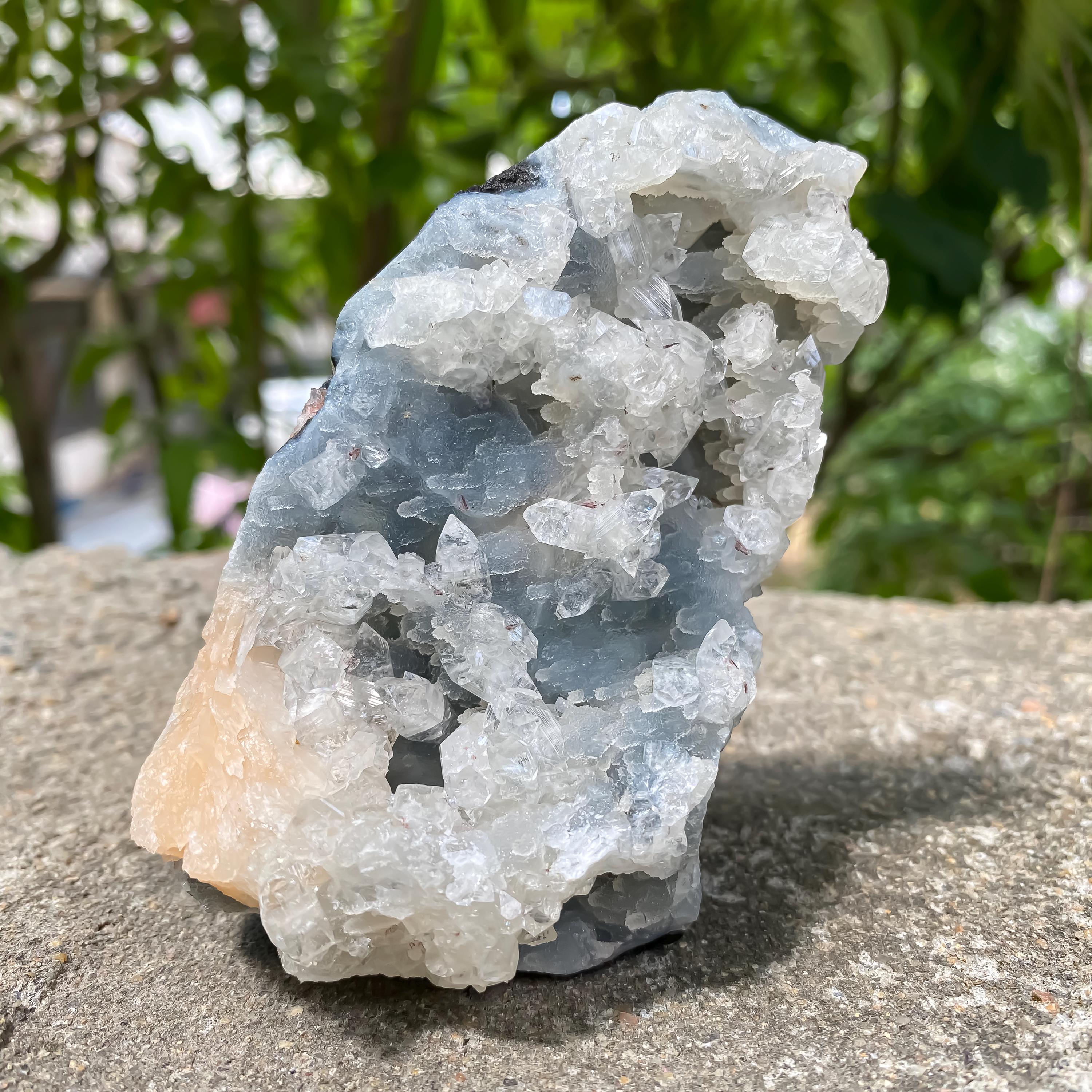 Natural Apophyllite Crystal with Chalcedony Stilbite Cluster: Spiritual Home Decor, Meditation Stone 360gm