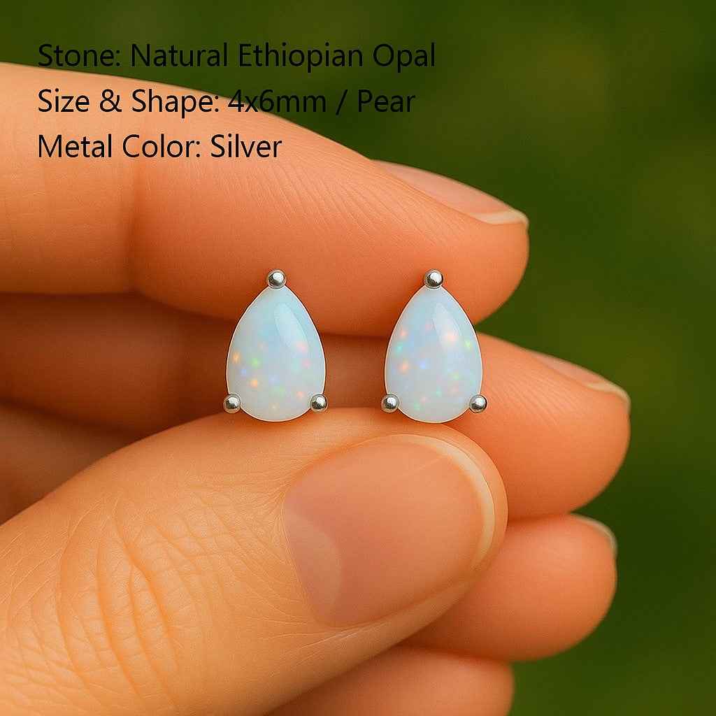 Pear Opal Stud Earrings Natural Opal Cabochon Studs in 925 Sterling Silver, Minimalist Pear Shaped Earrings