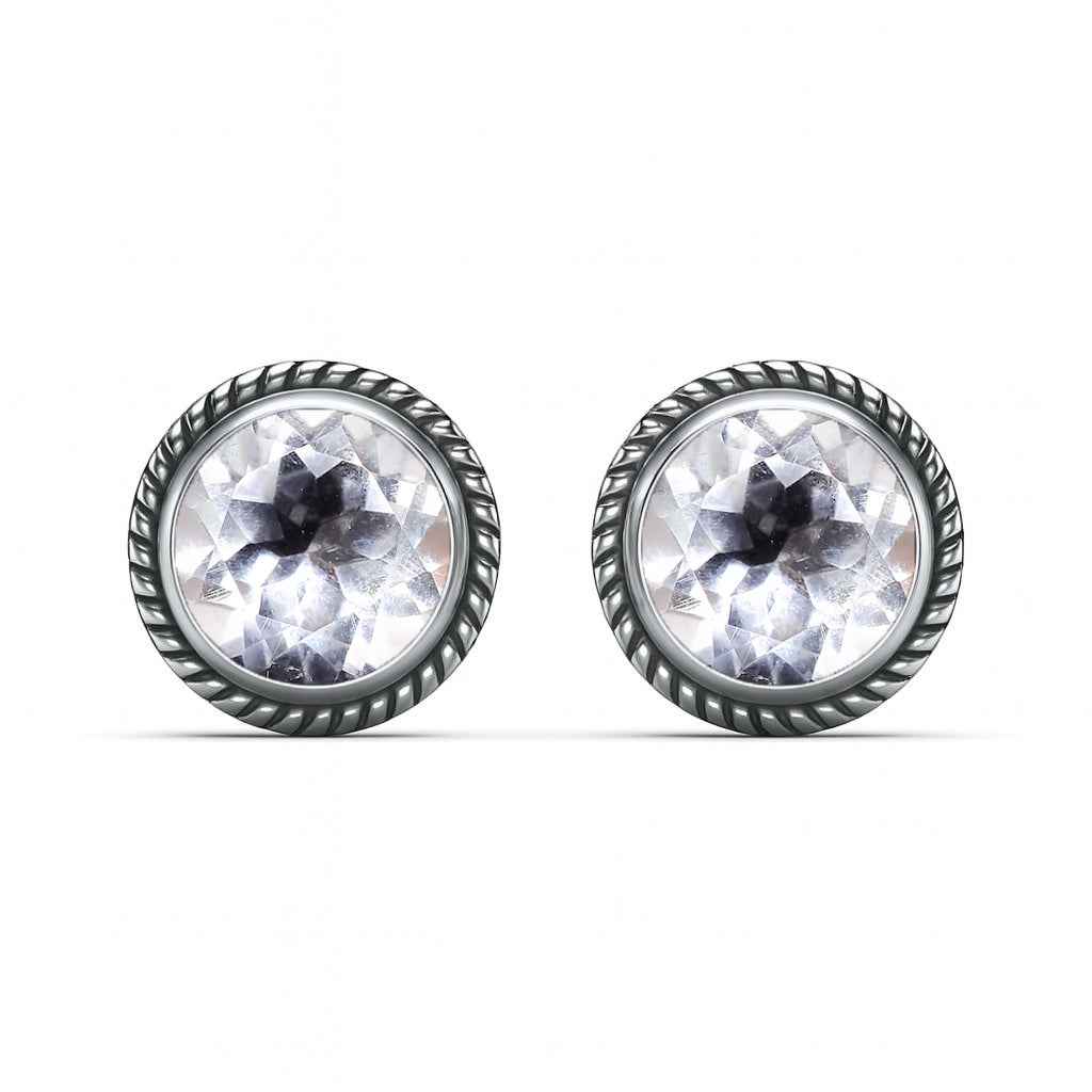 Natural Crystal 6mm Round Cut Stud Earrings in 925 Sterling Silver – Clear Gemstone Studs
