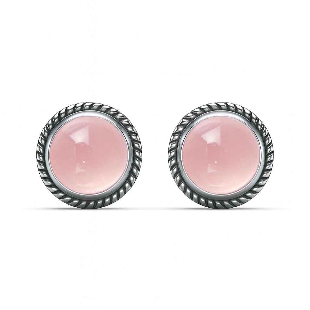 Natural Pink Opal 6mm Round Cabochon Stud Earrings in 925 Sterling Silver Gemstone Studs