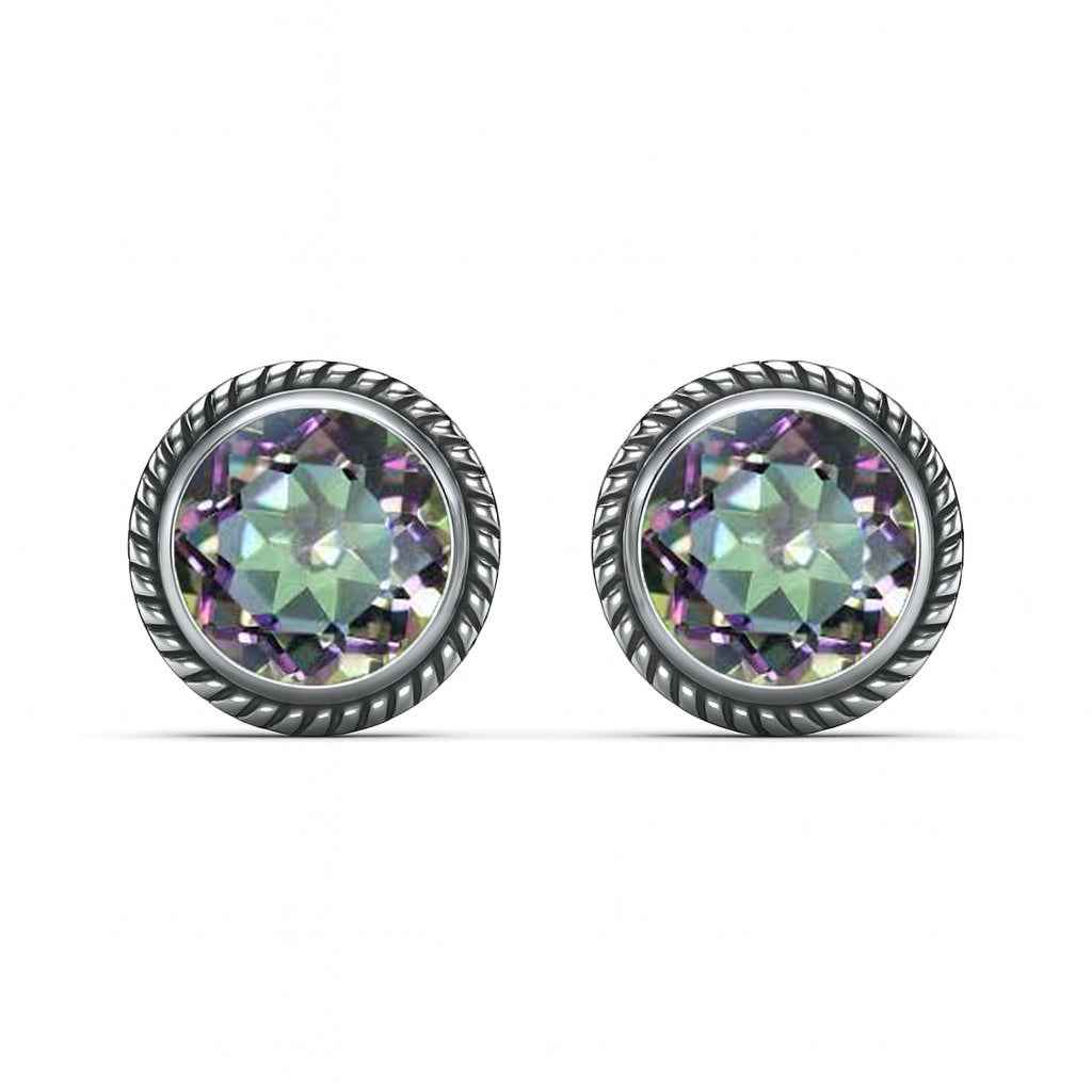 Natural Mystic Quartz 6mm Round Cut Stud Earrings in 925 Sterling Silver Gemstone Studs