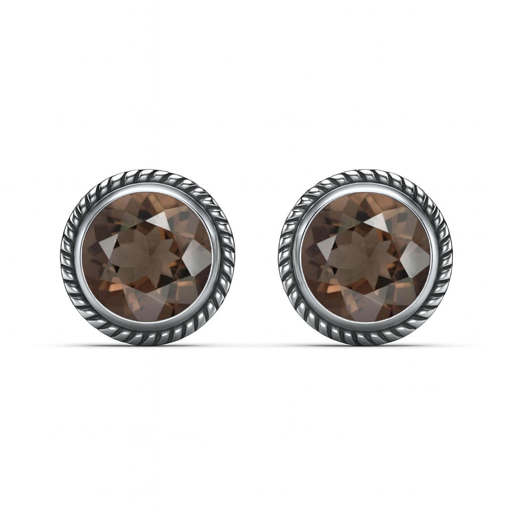 Smoky Quartz 6mm Round Cut Stud Earrings in 925 Sterling Silver Gemstone Studs