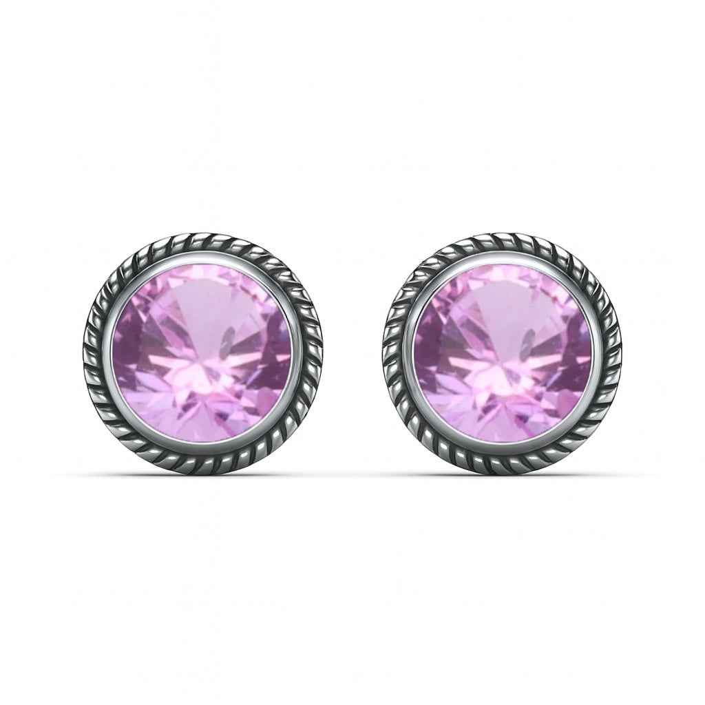 Natural Pink Amethyst 6mm Round Cut Stud Earrings in 925 Sterling Silver Gemstone Studs