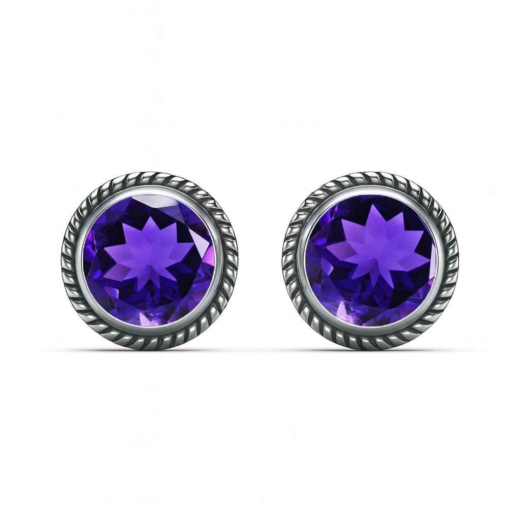 Natural Amethyst 6mm Round Cut Stud Earrings in 925 Sterling Silver – Gemstone Studs