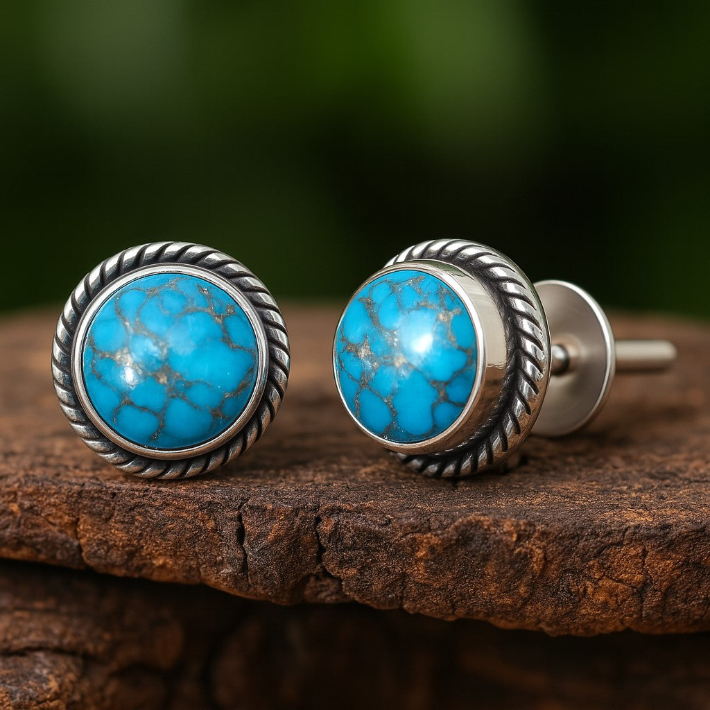 Silver stud earrings featuring natural copper turquoise 6mm round cabochons in 925 sterling silver from Himalya Quartz.