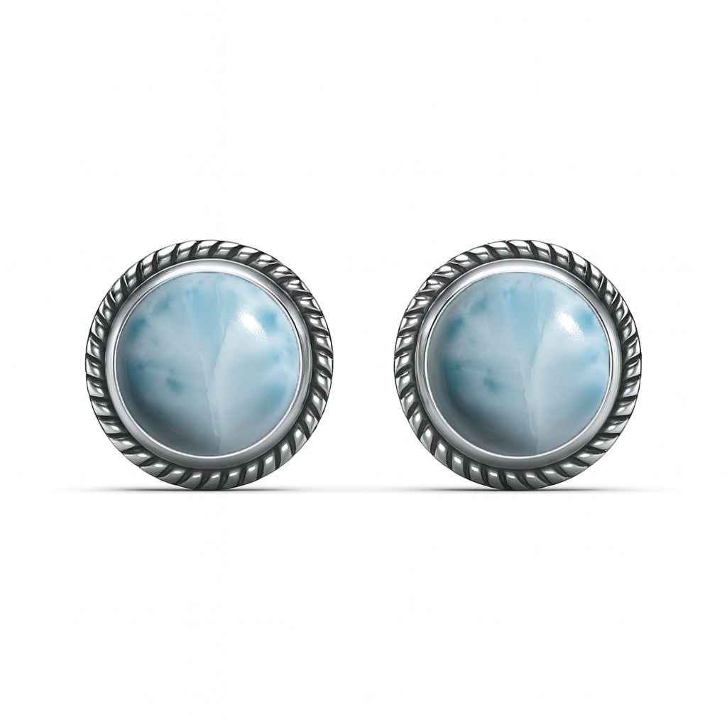 Natural Larimar 6mm Round Cabochon Stud Earrings in 925 Sterling Silver Gemstone Studs