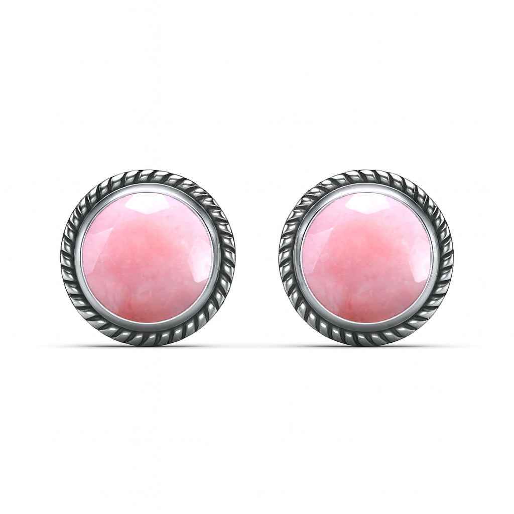 Natural Pink Opal 6mm Round Cabochon Stud Earrings in 925 Sterling Silver Gemstone Studs