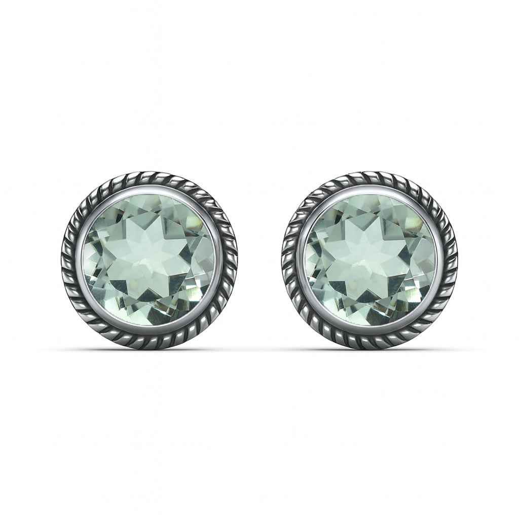Natural Green Amethyst 6mm Round Cut Stud Earrings in 925 Sterling Silver Gemstone Studs