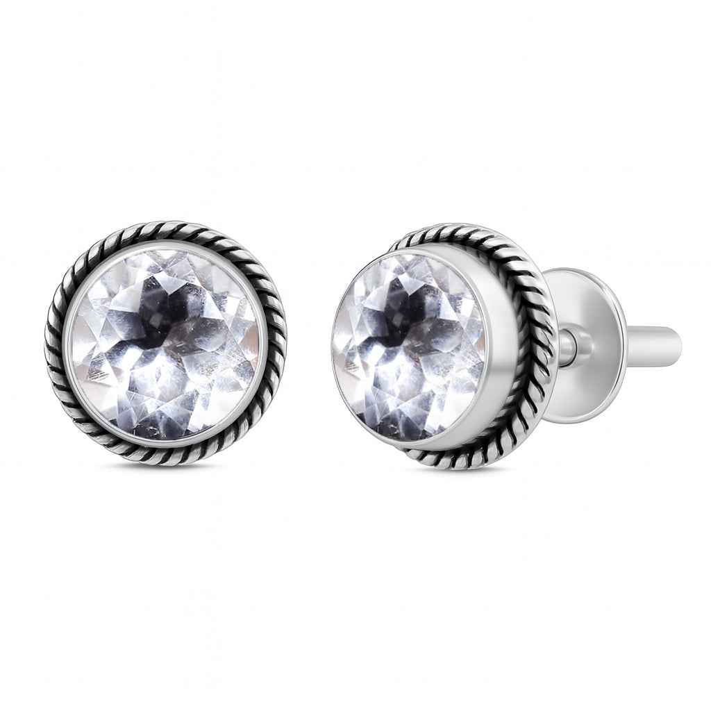 Natural Crystal 6mm Round Cut Stud Earrings in 925 Sterling Silver – Clear Gemstone Studs