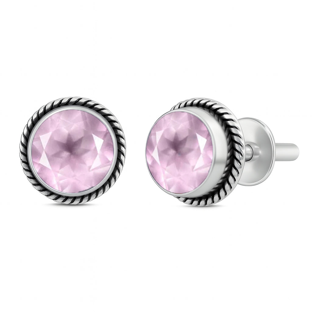 Natural Rose Quartz 6mm Round Cut Stud Earrings in 925 Sterling Silver Pink Gemstone Studs