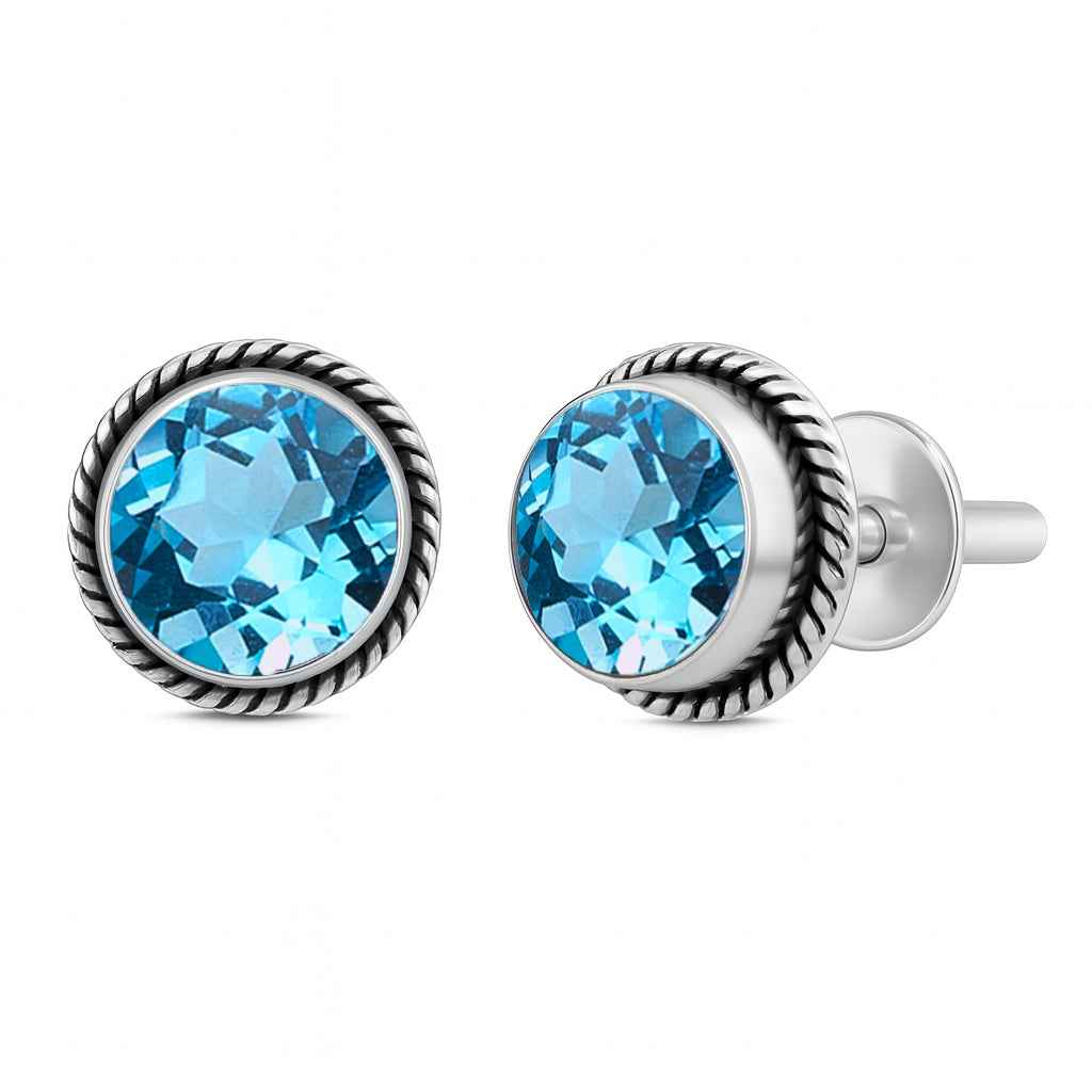 Natural Swiss Blue Topaz 6mm Round Cut Stud Earrings in 925 Sterling Silver Studs