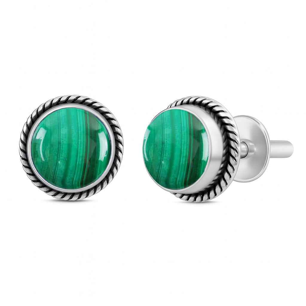 Natural Malachite 6mm Round Cabochon Stud Earrings in 925 Sterling Silver Gemstone Studs