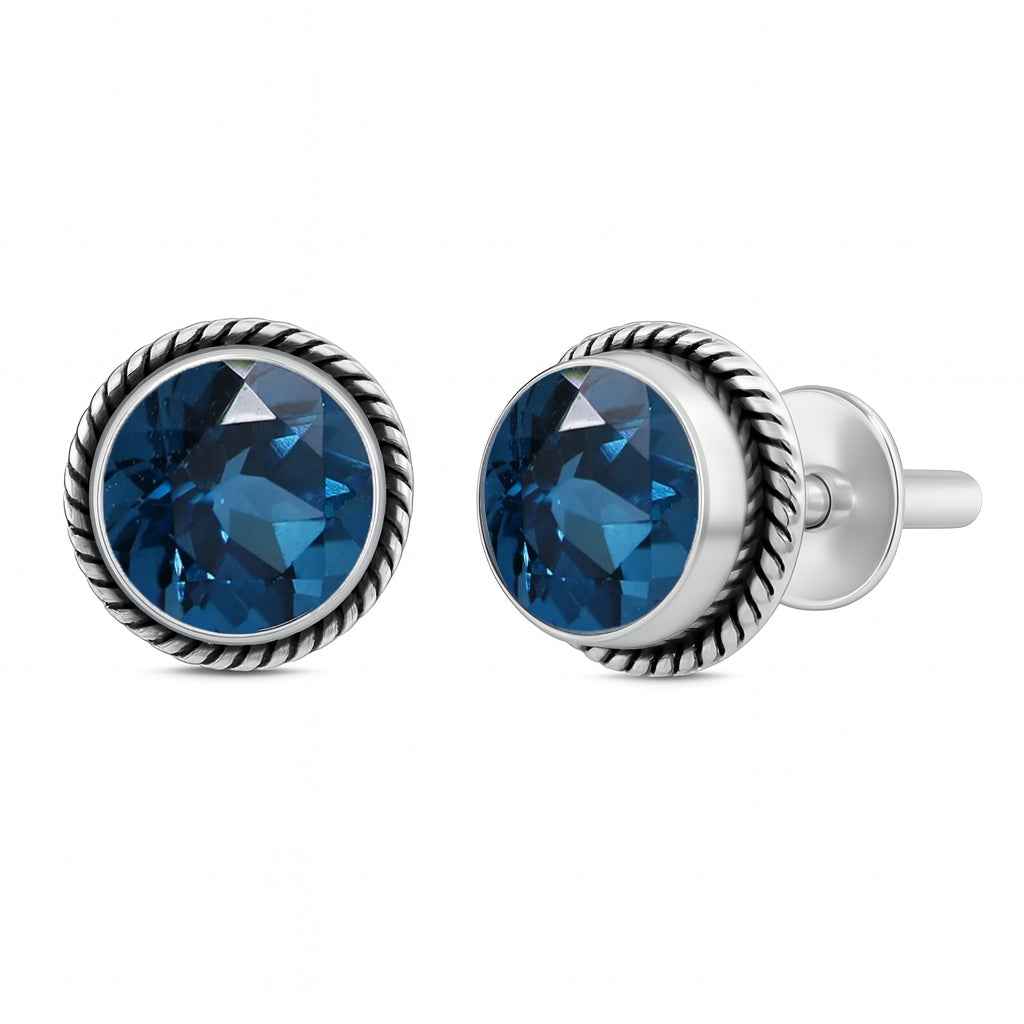 Natural London Blue Topaz 6mm Round Cut Stud Earrings in 925 Sterling Silver Gemstone Studs