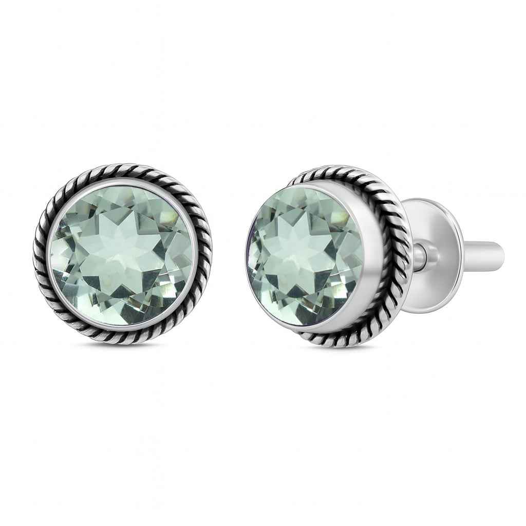 Natural Green Amethyst 6mm Round Cut Stud Earrings in 925 Sterling Silver Gemstone Studs