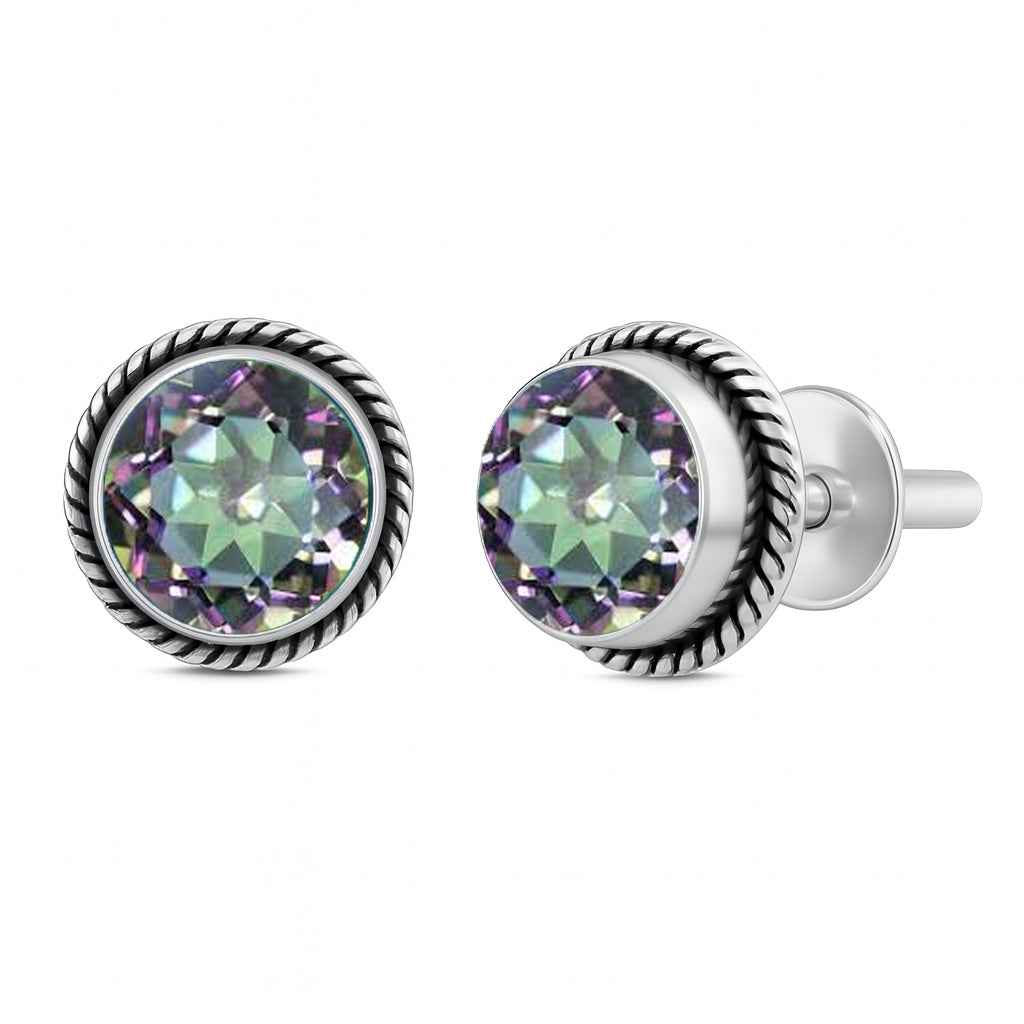 Natural Mystic Quartz 6mm Round Cut Stud Earrings in 925 Sterling Silver Gemstone Studs