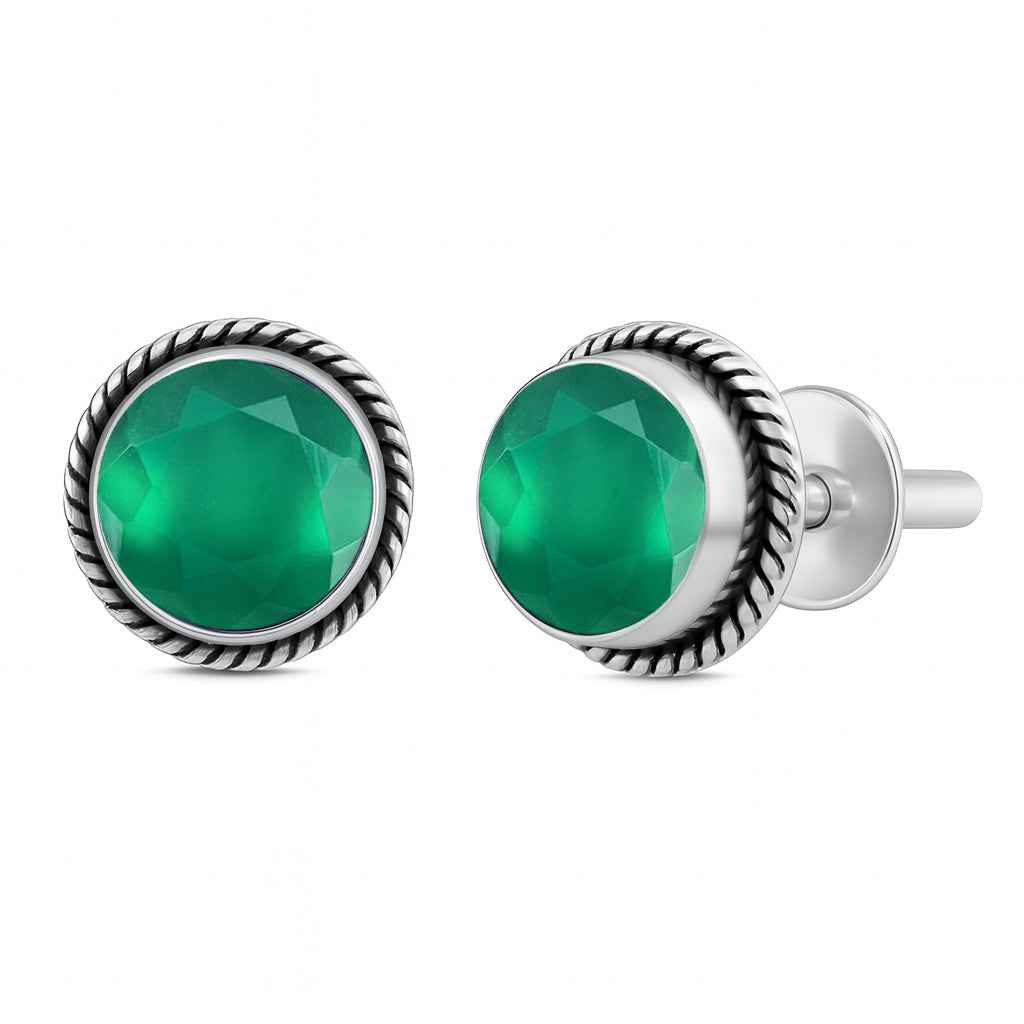 Natural Green Onyx 6mm Round Cut Stud Earrings in 925 Sterling Silver Gemstone Studs