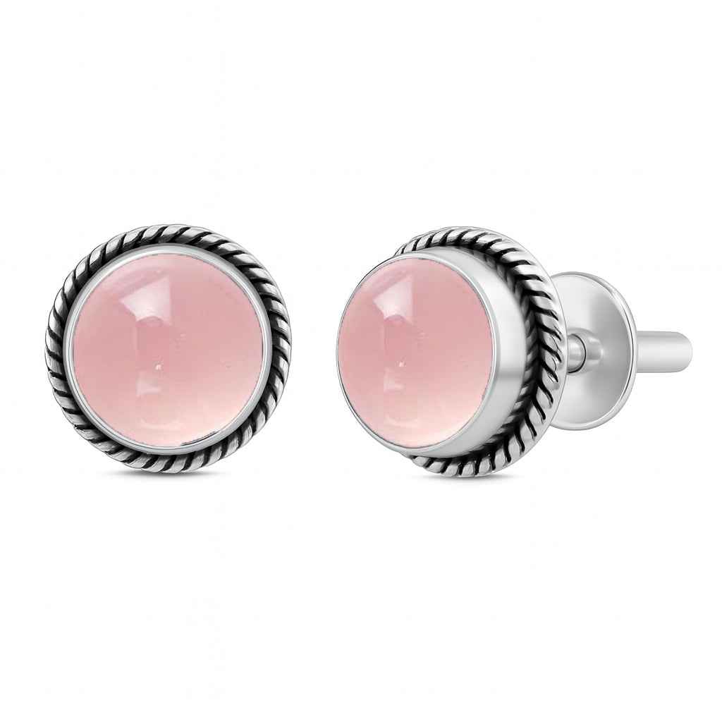Natural Pink Opal 6mm Round Cabochon Stud Earrings in 925 Sterling Silver Gemstone Studs