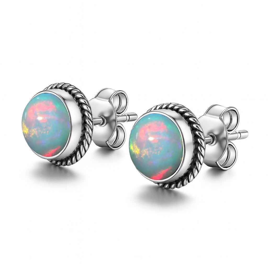 Natural Opal 6mm Round Cabochon Stud Earrings in 925 Sterling Silver – Opal Gemstone Studs