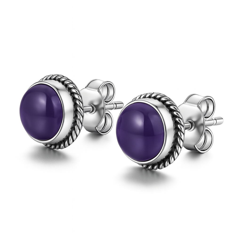 Natural amethyst 6mm round cabochon silver stud earrings in 925 sterling silver, Himalayan Quartz gemstone jewelry.