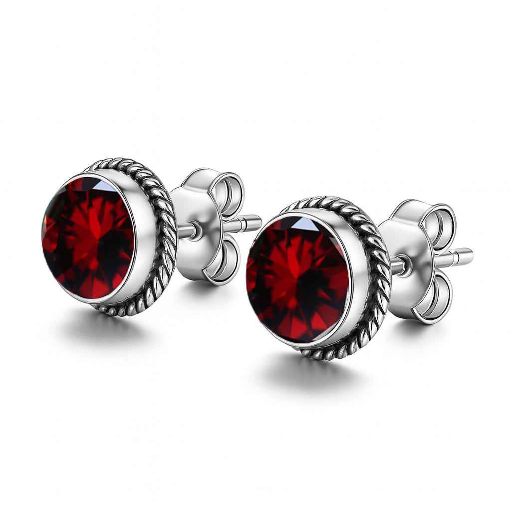 Natural Garnet 6mm Round Cut Stud Earrings in 925 Sterling Silver Gemstone Studs