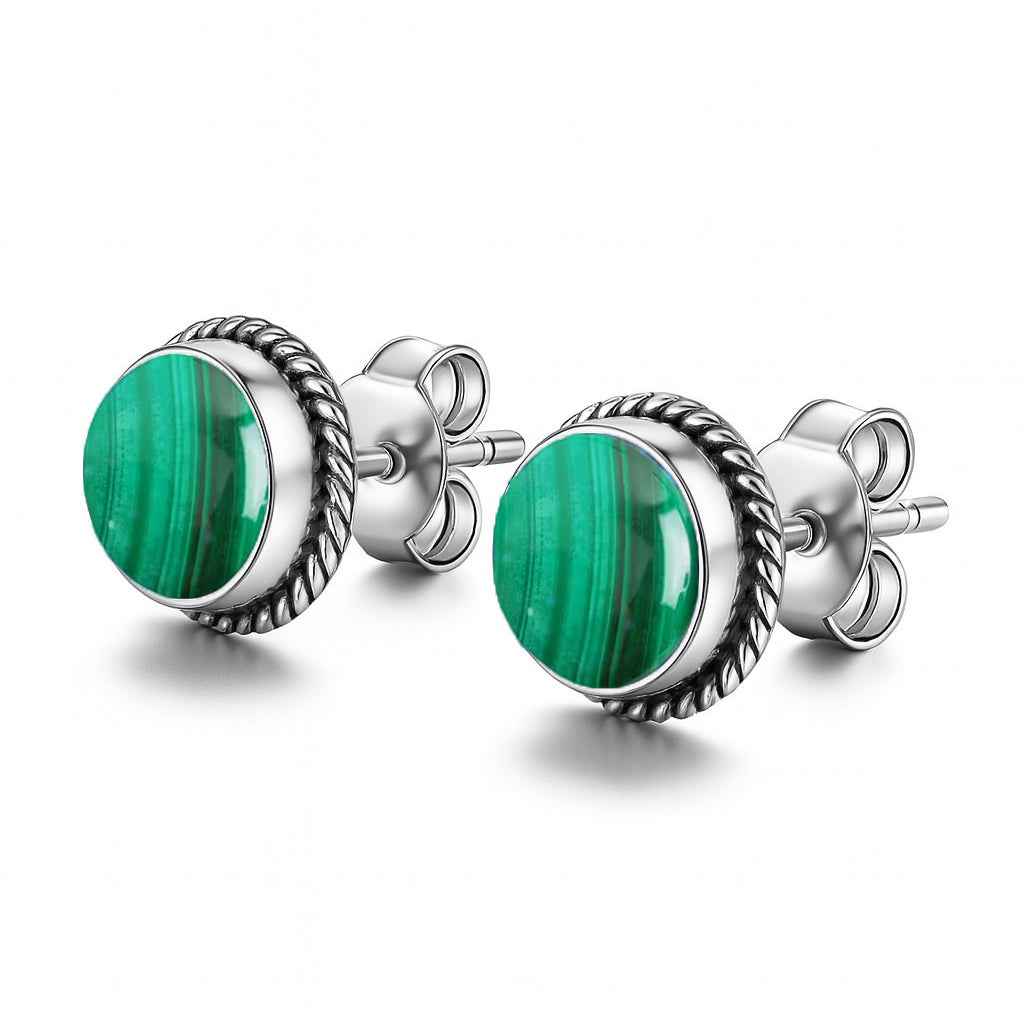 Natural Malachite 6mm Round Cabochon Stud Earrings in 925 Sterling Silver Gemstone Studs