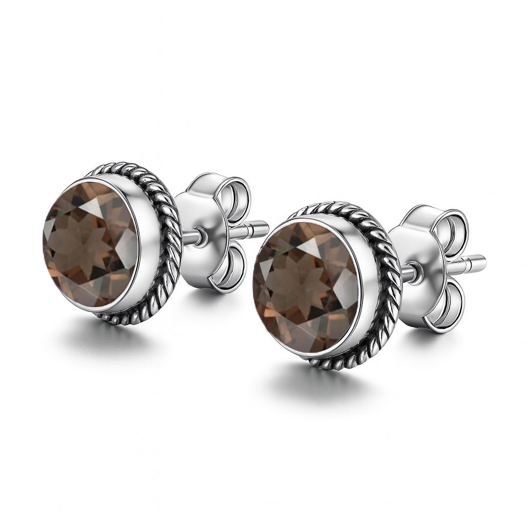 Smoky Quartz 6mm Round Cut Stud Earrings in 925 Sterling Silver Gemstone Studs