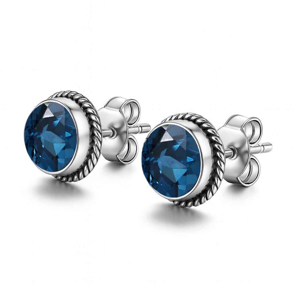 Natural London Blue Topaz 6mm Round Cut Stud Earrings in 925 Sterling Silver Gemstone Studs