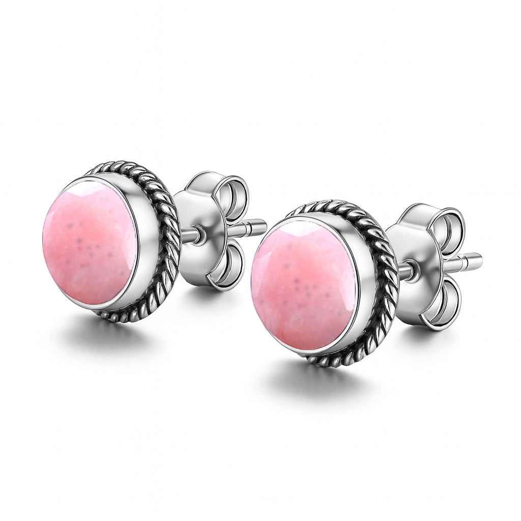 Natural Pink Opal 6mm Round Cabochon Stud Earrings in 925 Sterling Silver Gemstone Studs