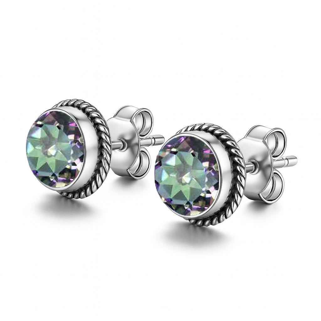Natural Mystic Quartz 6mm Round Cut Stud Earrings in 925 Sterling Silver Gemstone Studs