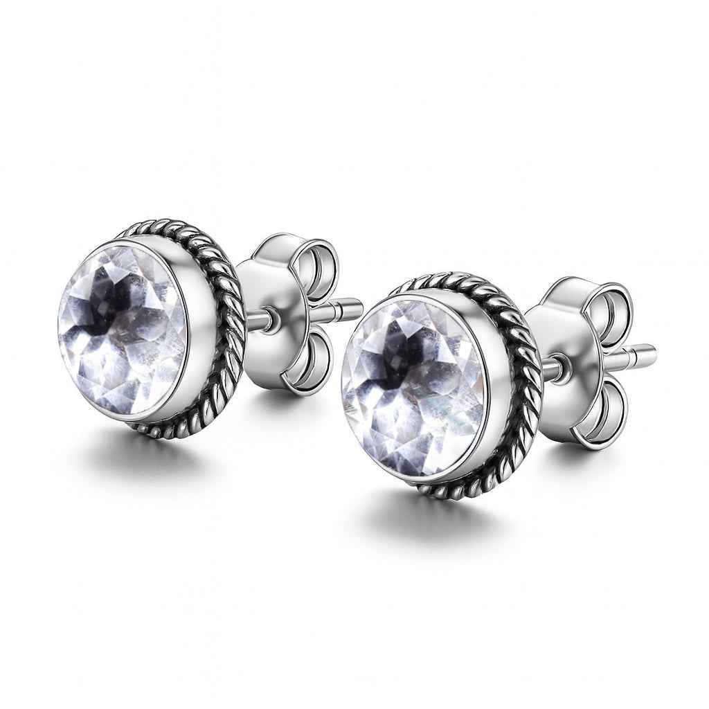 Natural Crystal 6mm Round Cut Stud Earrings in 925 Sterling Silver – Clear Gemstone Studs