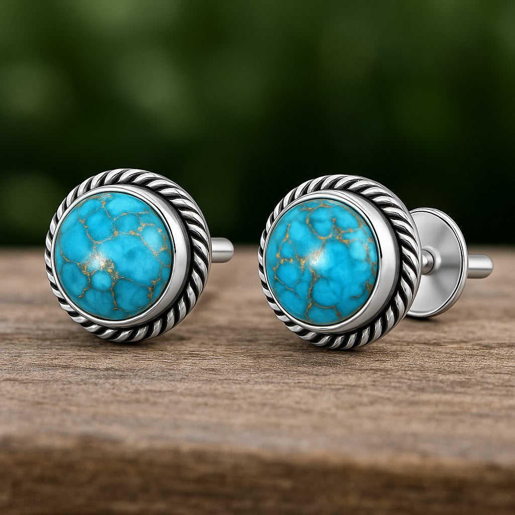 Natural copper turquoise 6mm round cabochon silver stud earrings in 925 sterling silver from Himalya Quartz.