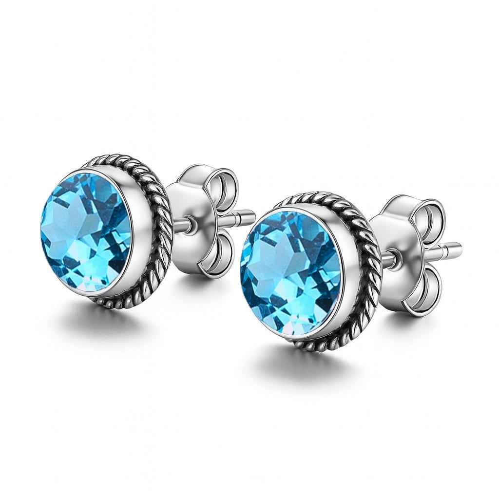 Natural Swiss Blue Topaz 6mm Round Cut Stud Earrings in 925 Sterling Silver Studs