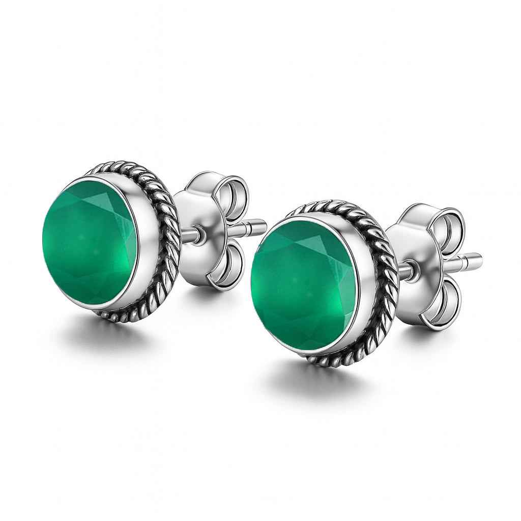 Natural Green Onyx 6mm Round Cut Stud Earrings in 925 Sterling Silver Gemstone Studs