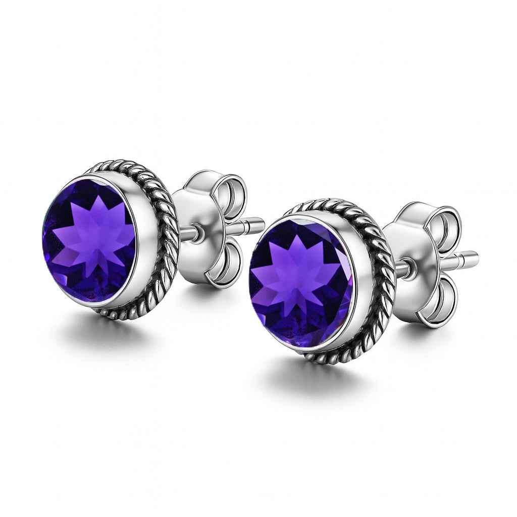 Natural Amethyst 6mm Round Cut Stud Earrings in 925 Sterling Silver – Gemstone Studs