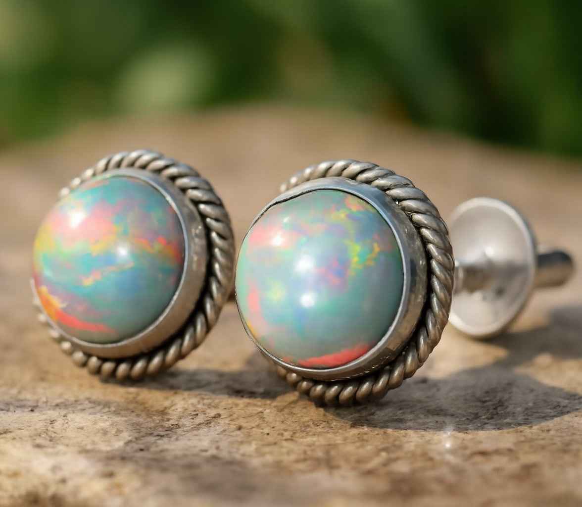 Natural Opal 6mm Round Cabochon Stud Earrings in 925 Sterling Silver – Opal Gemstone Studs