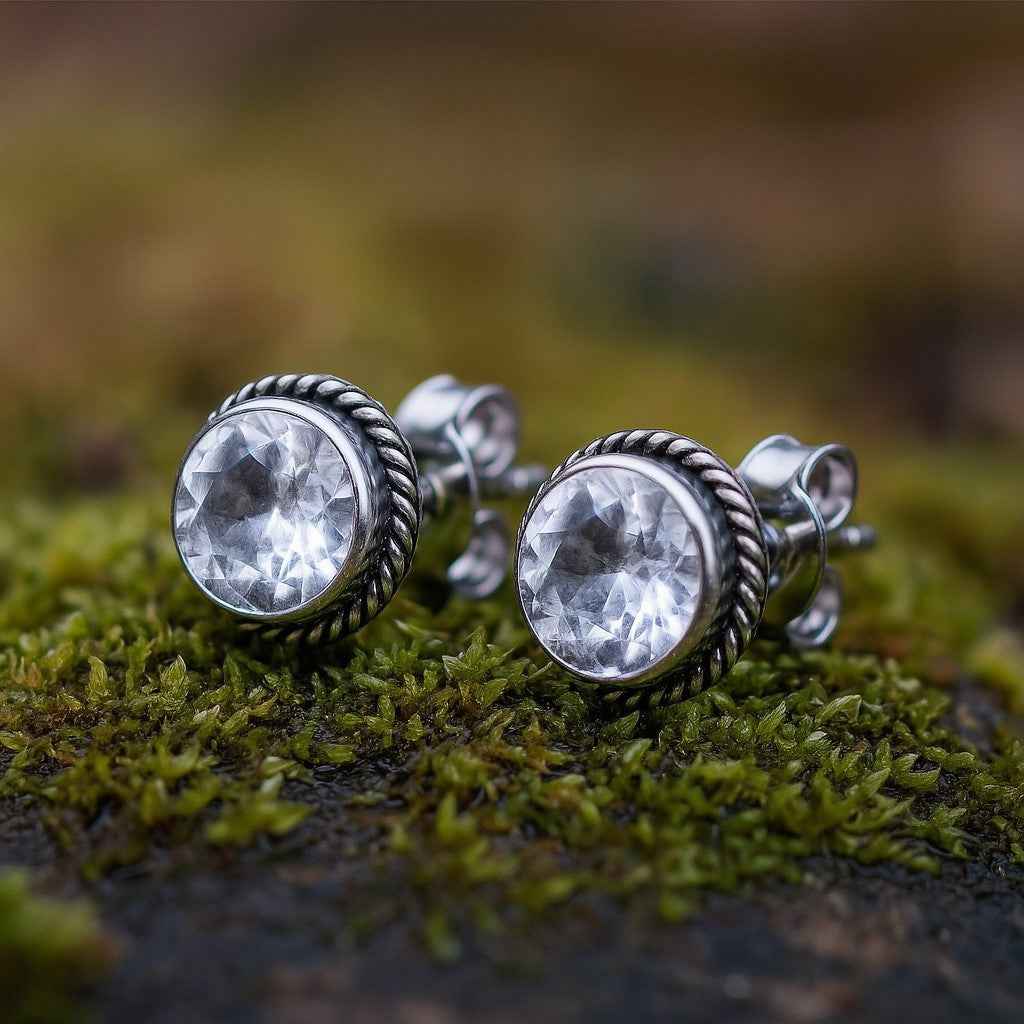 Natural Crystal 6mm Round Cut Stud Earrings in 925 Sterling Silver – Clear Gemstone Studs