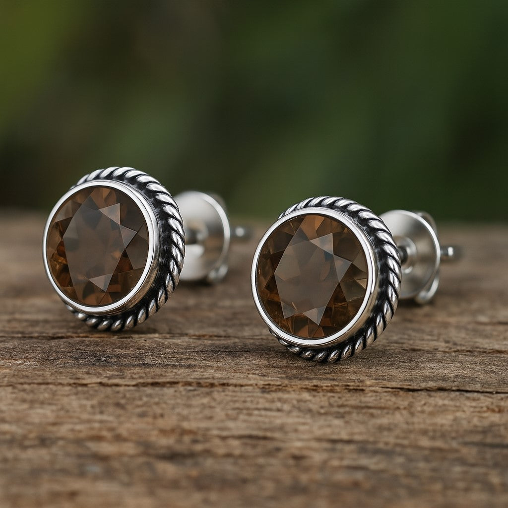 Smoky Quartz 6mm Round Cut Stud Earrings in 925 Sterling Silver Gemstone Studs