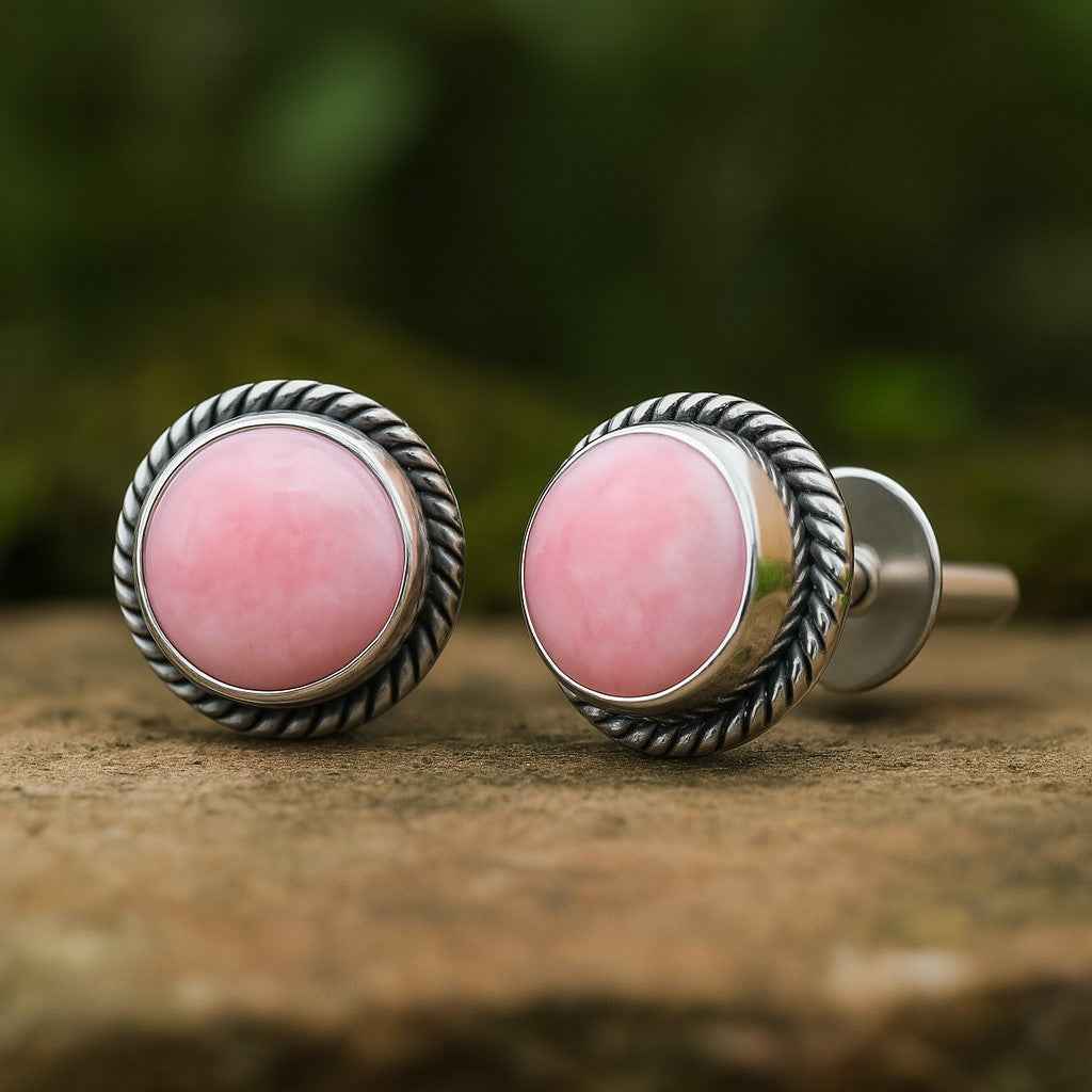 Natural Pink Opal 6mm Round Cabochon Stud Earrings in 925 Sterling Silver Gemstone Studs