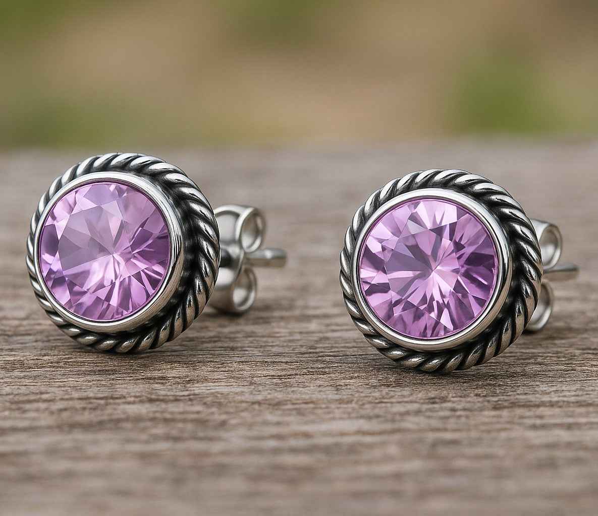 Natural Pink Amethyst 6mm Round Cut Stud Earrings in 925 Sterling Silver Gemstone Studs