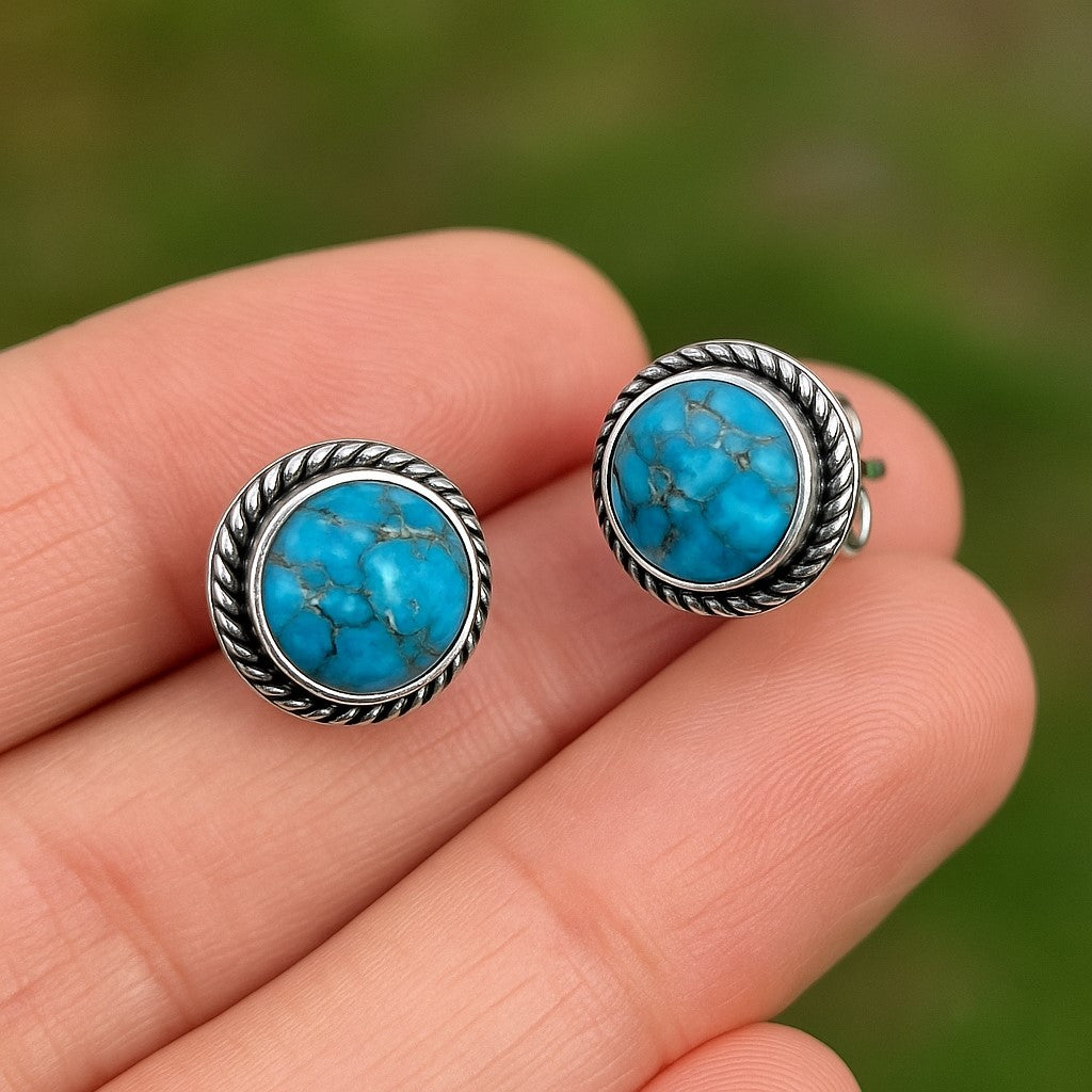 Natural copper turquoise 6mm round cabochon silver stud earrings in 925 sterling silver by Himalya Quartz.