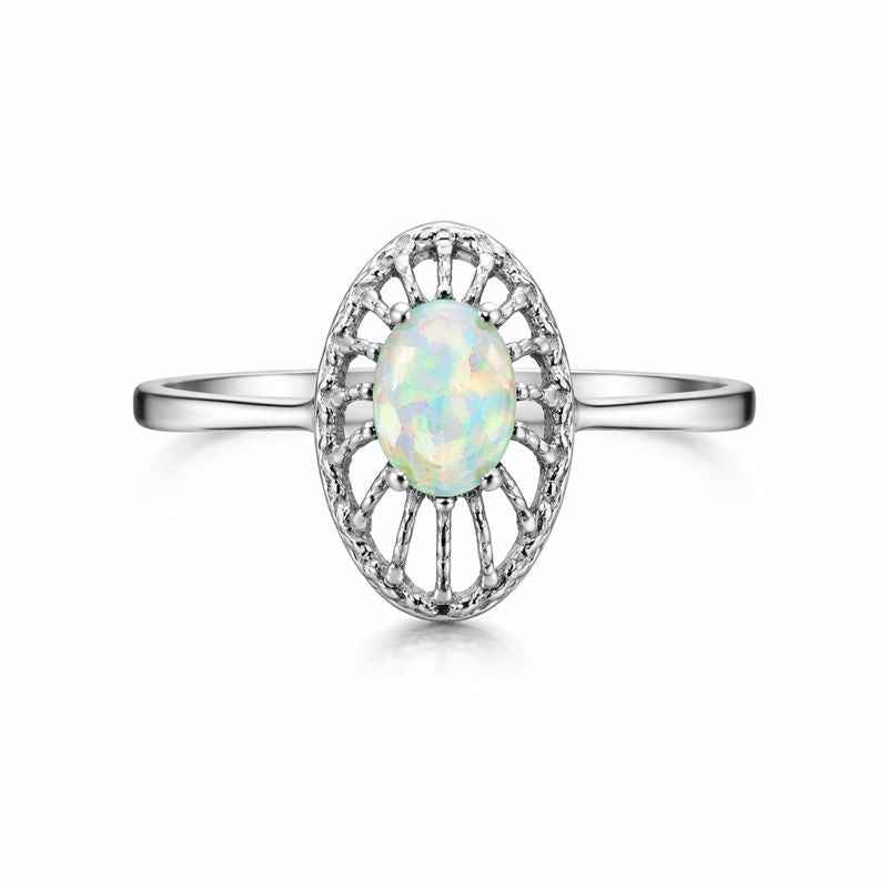 Natural White Ethiopian Opal Ring 5x7mm Oval Cabochon in 925 Sterling Silver Handmade Statement Jewelry