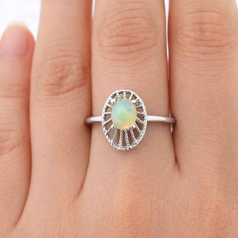 Natural White Ethiopian Opal Ring 5x7mm Oval Cabochon in 925 Sterling Silver Handmade Statement Jewelry