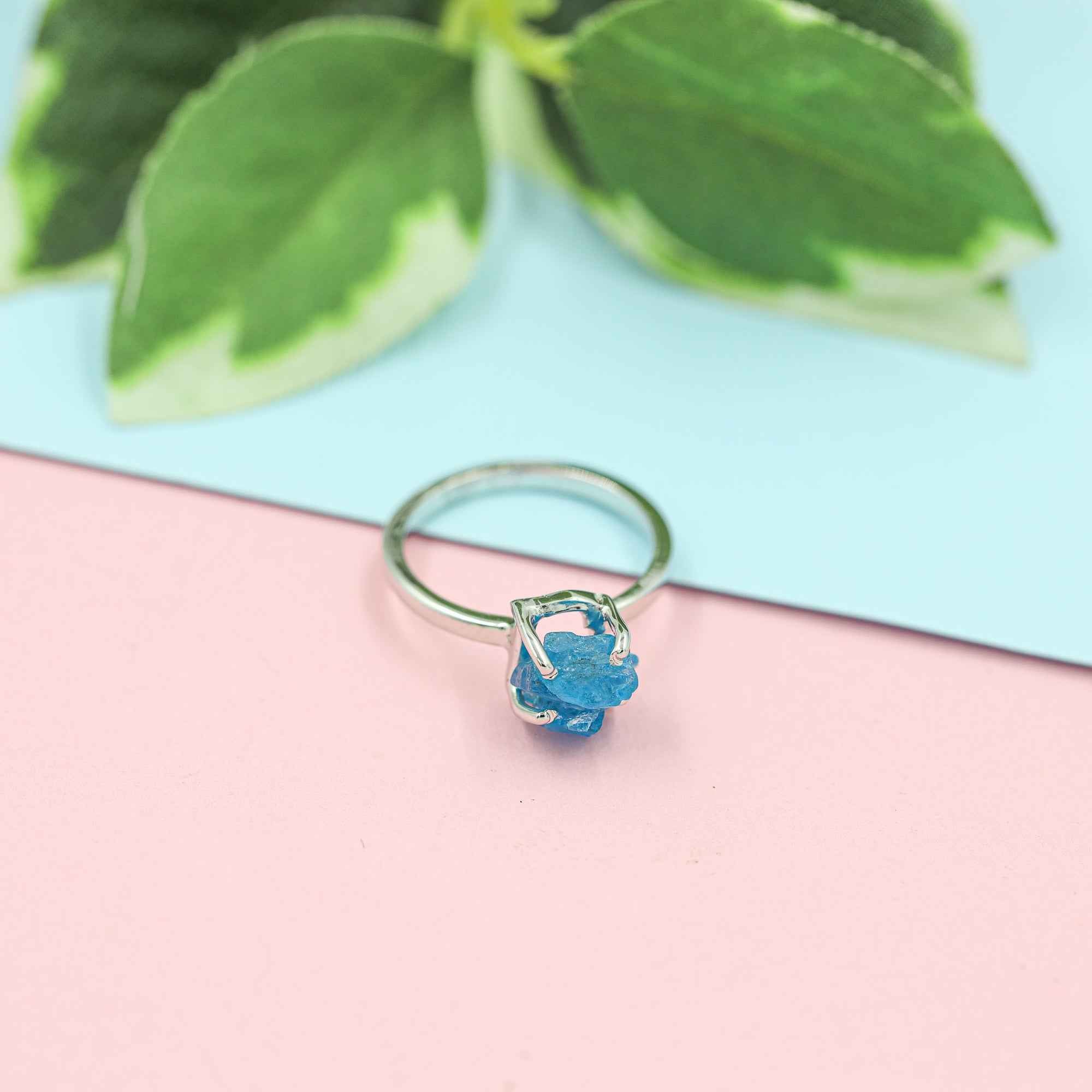 Raw Neon Blue Apatite Ring in 925 Sterling Silver Rough Gemstone Ring Handmade Jewelry Gift for Her