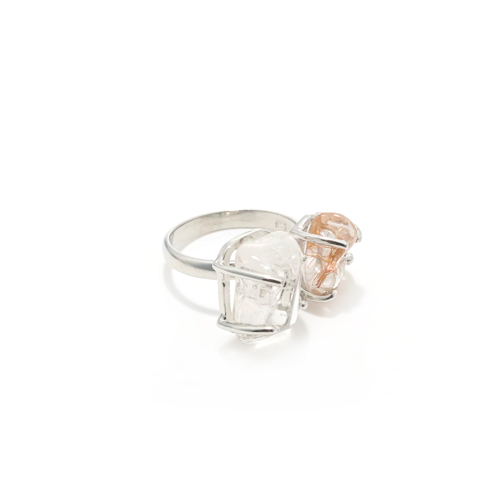 Raw Crystal Quartz Two Stone Ring in 925 Sterling Silver Rough Gemstone Handmade Jewelry Gift for Her