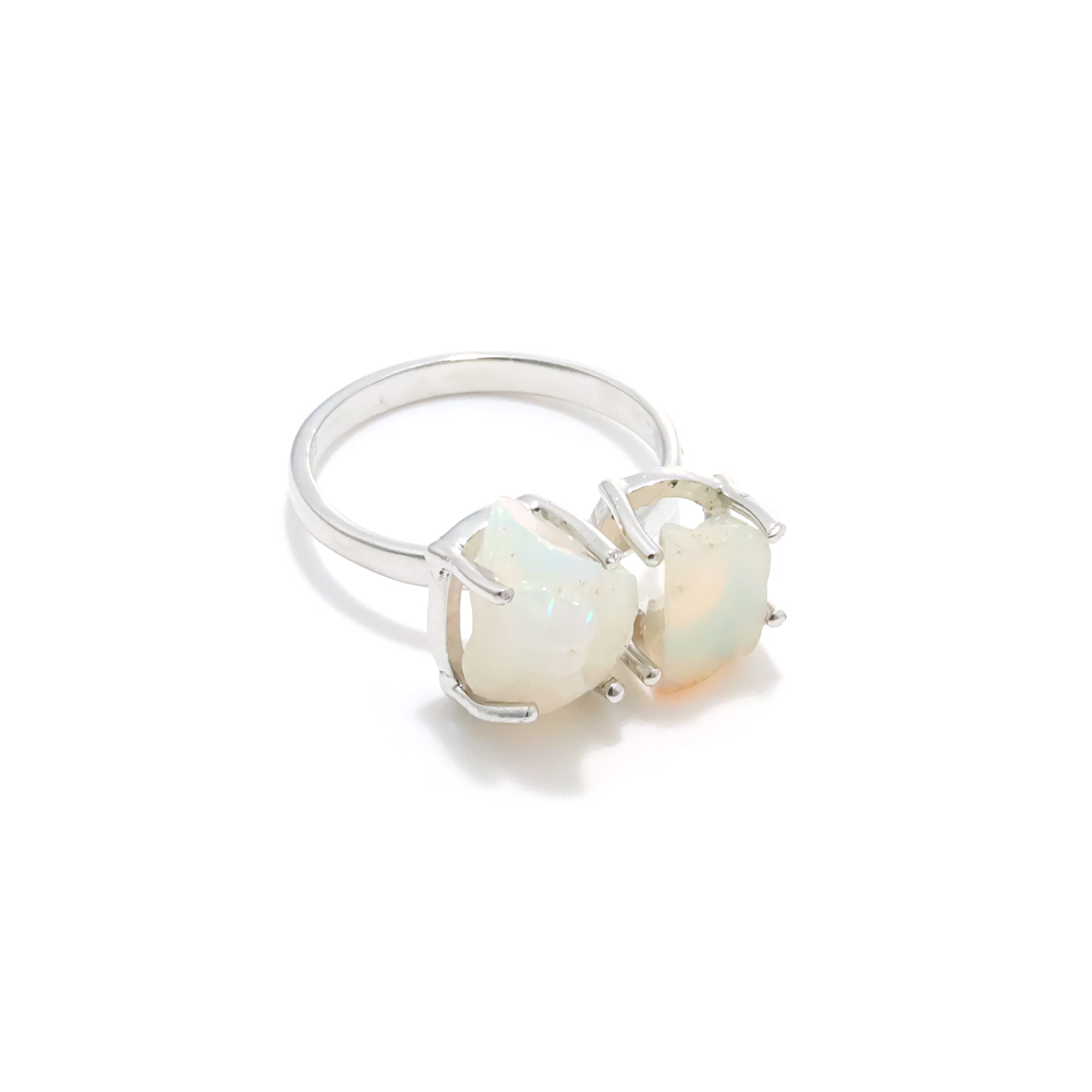 Raw Ethiopian Opal Two Stone Ring in 925 Sterling Silver Rough Gemstone Handmade October Birthstone Jewelry