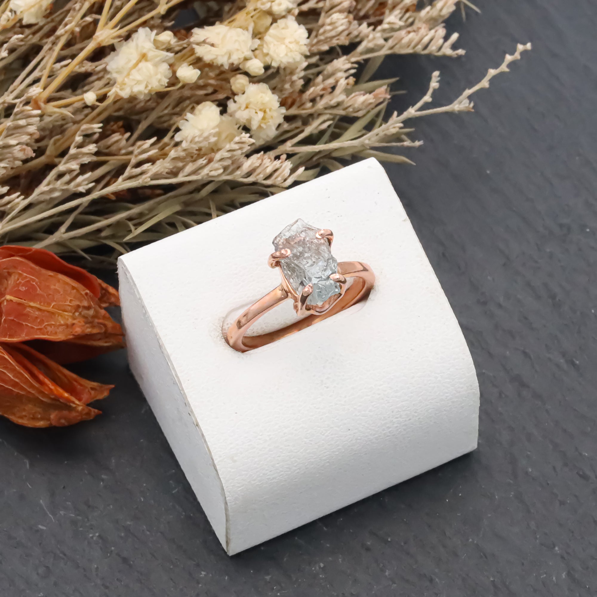Raw Moss Aquamarine Ring in 925 Sterling Silver Rough Gemstone Ring Handmade March Birthstone Jewelry